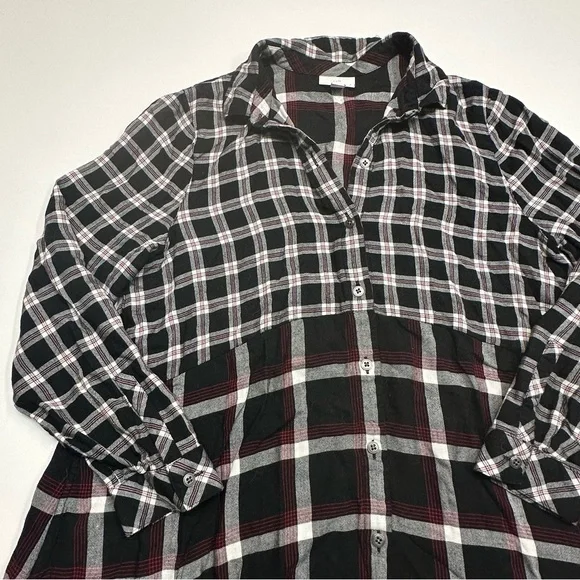 J. Jill Black Red Mixed Plaid Button Down Shirt Style Tunic Top Medium Petite - Picture 4 of 8